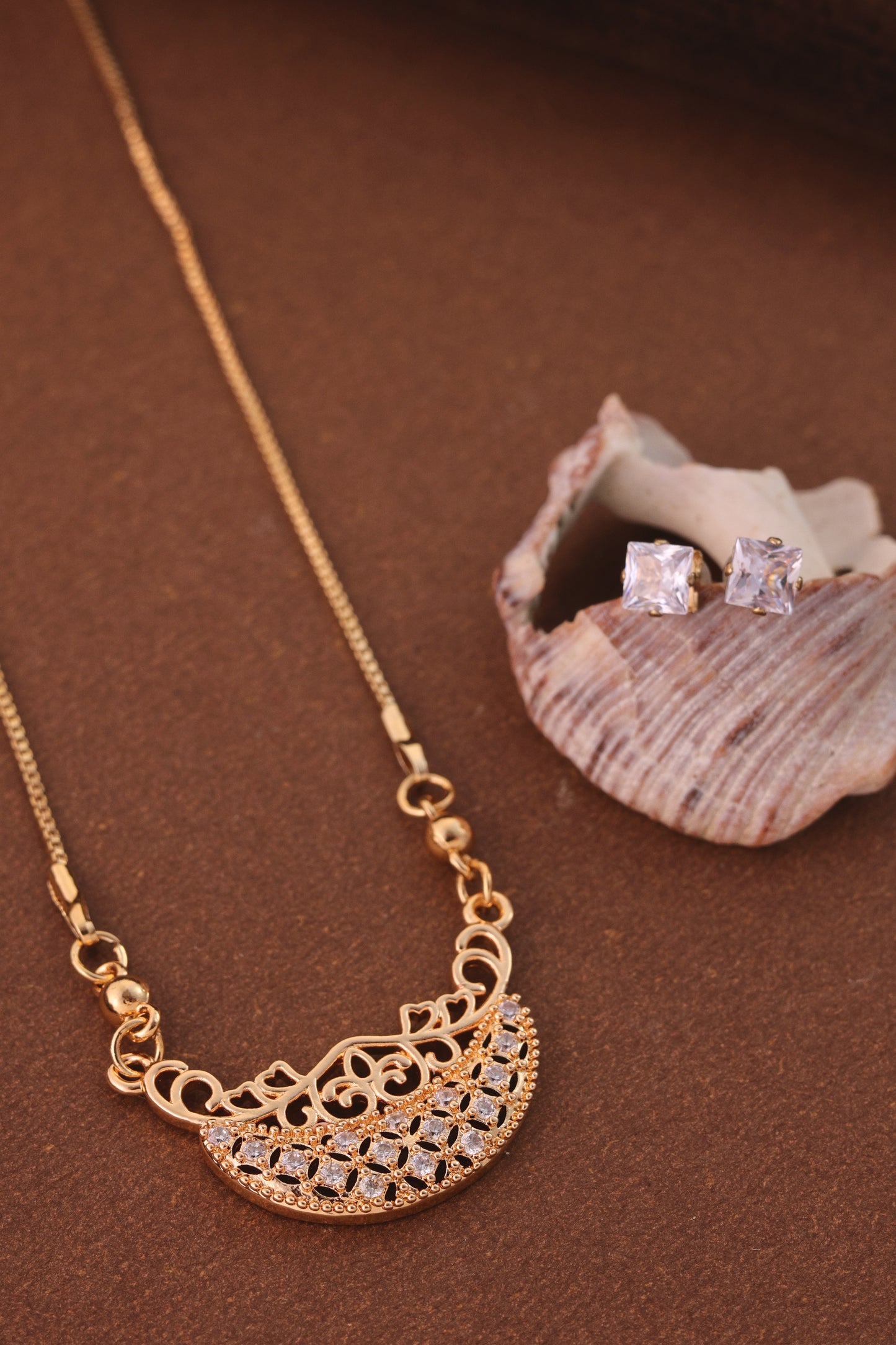 Half Moon Filigree Crystal Chain Pendant
