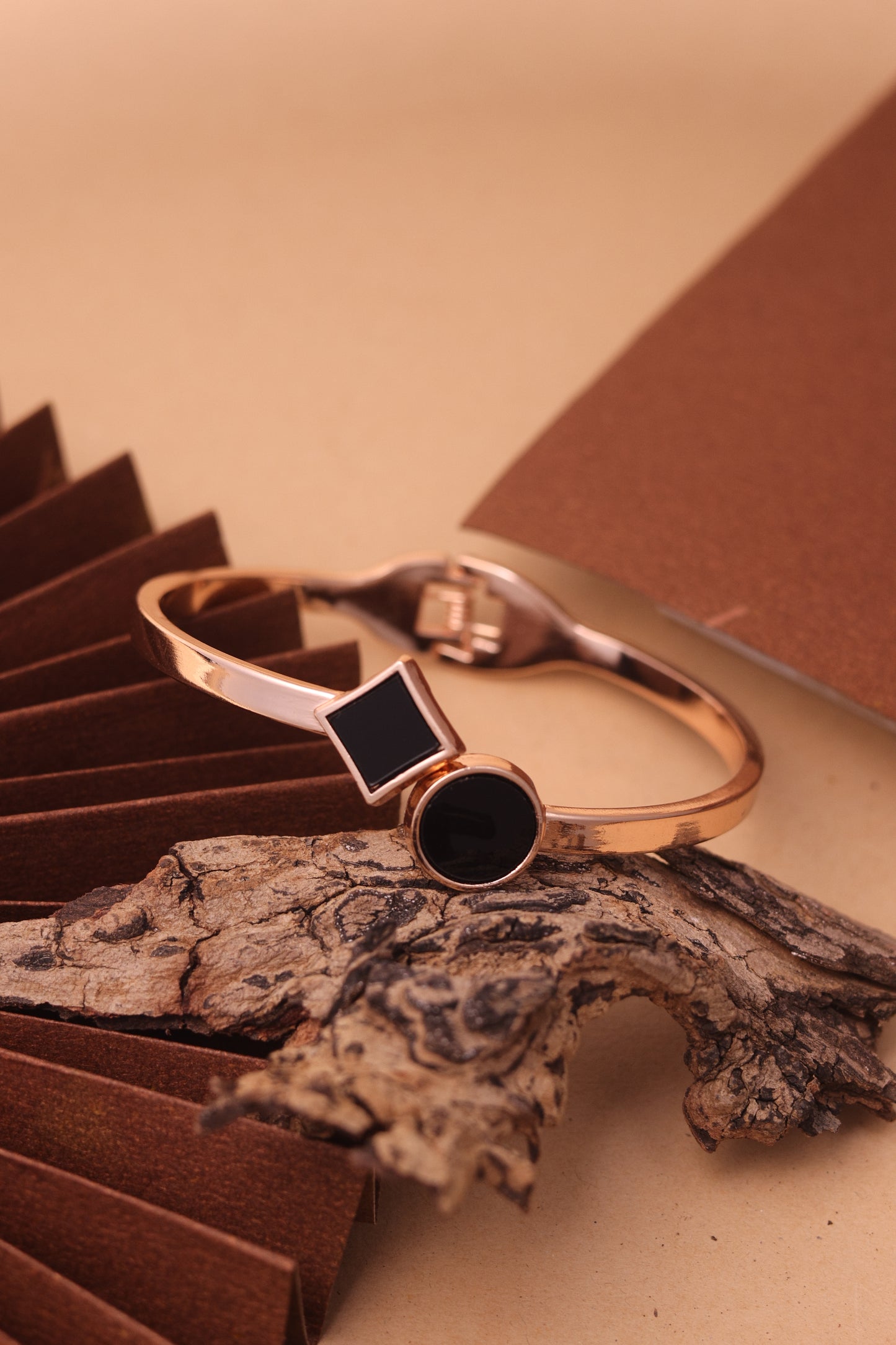 Gold Plated Black Enamel Bracelet – Adjustable Minimalist Bangle