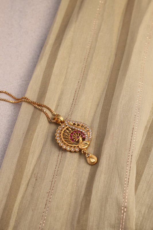 Peacock Inspired Crystal & Red Stone Pendant