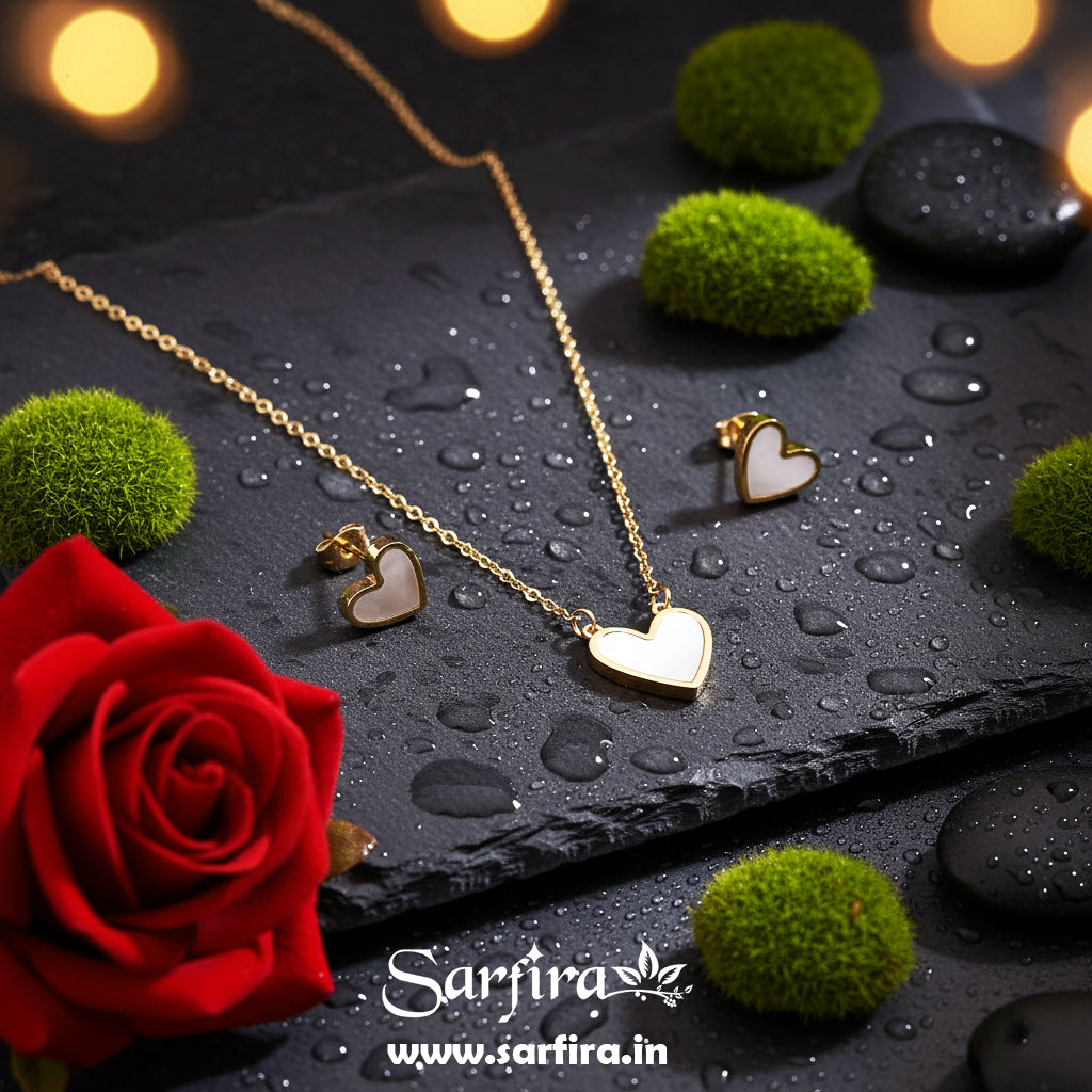 Anti-Tarnish Gold Heart Necklace & Stud Earring Set