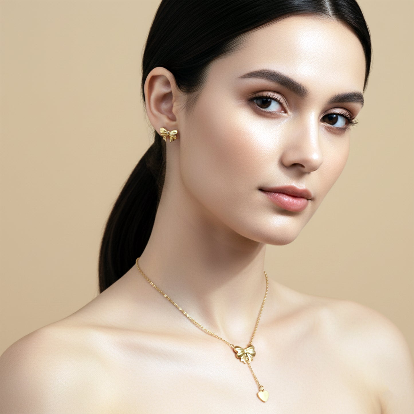 Gold Bow Tie Lariat Necklace & Stud Set