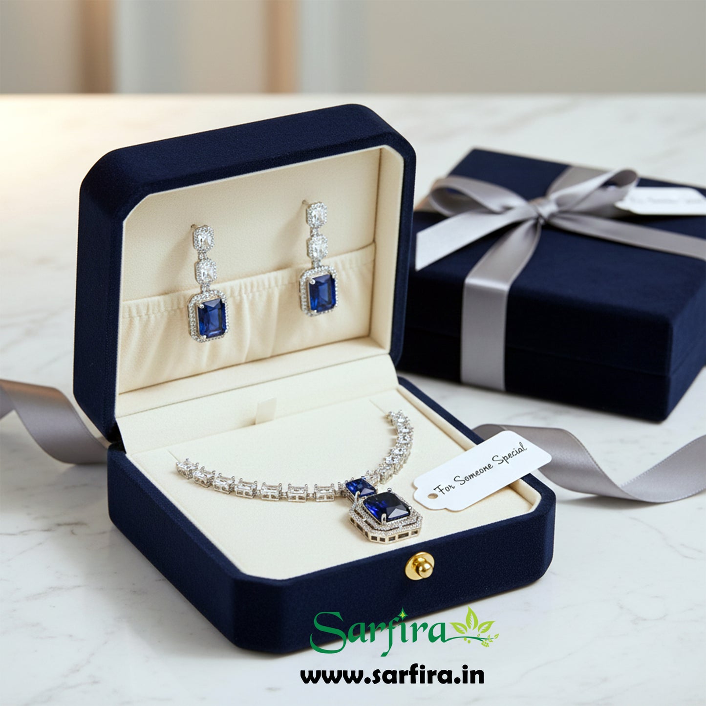 Blue Stone AD Big Drop Statement Necklace