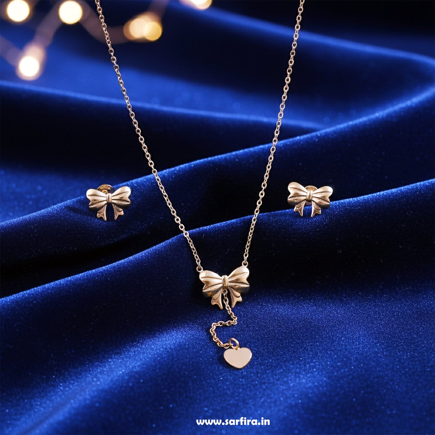 Gold Bow Tie Lariat Necklace & Stud Set