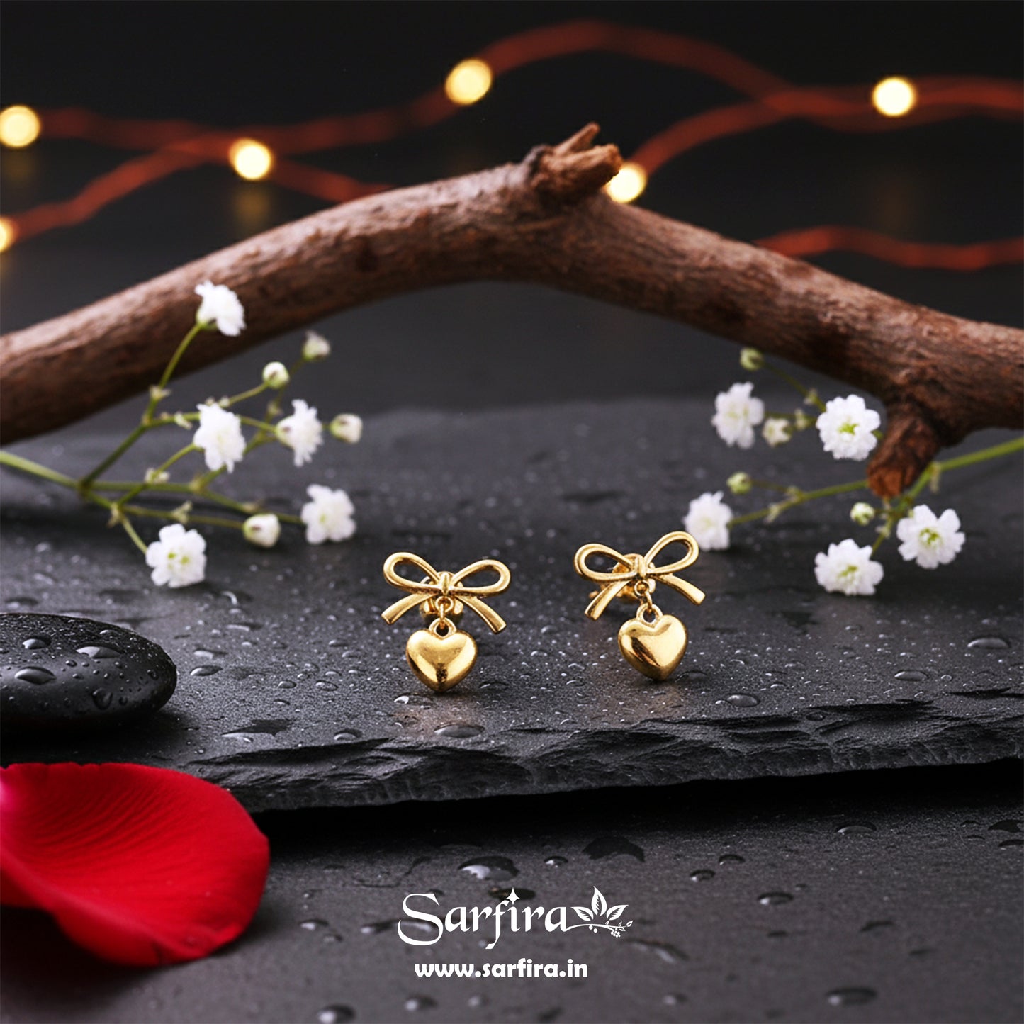 Gold Bow Tie Heart Drop Stud Earrings