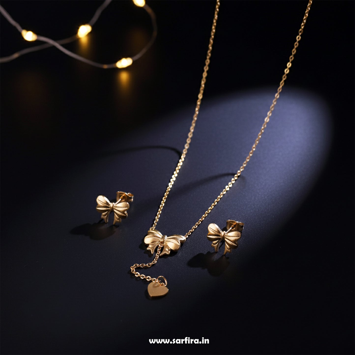 Gold Bow Tie Lariat Necklace & Stud Set