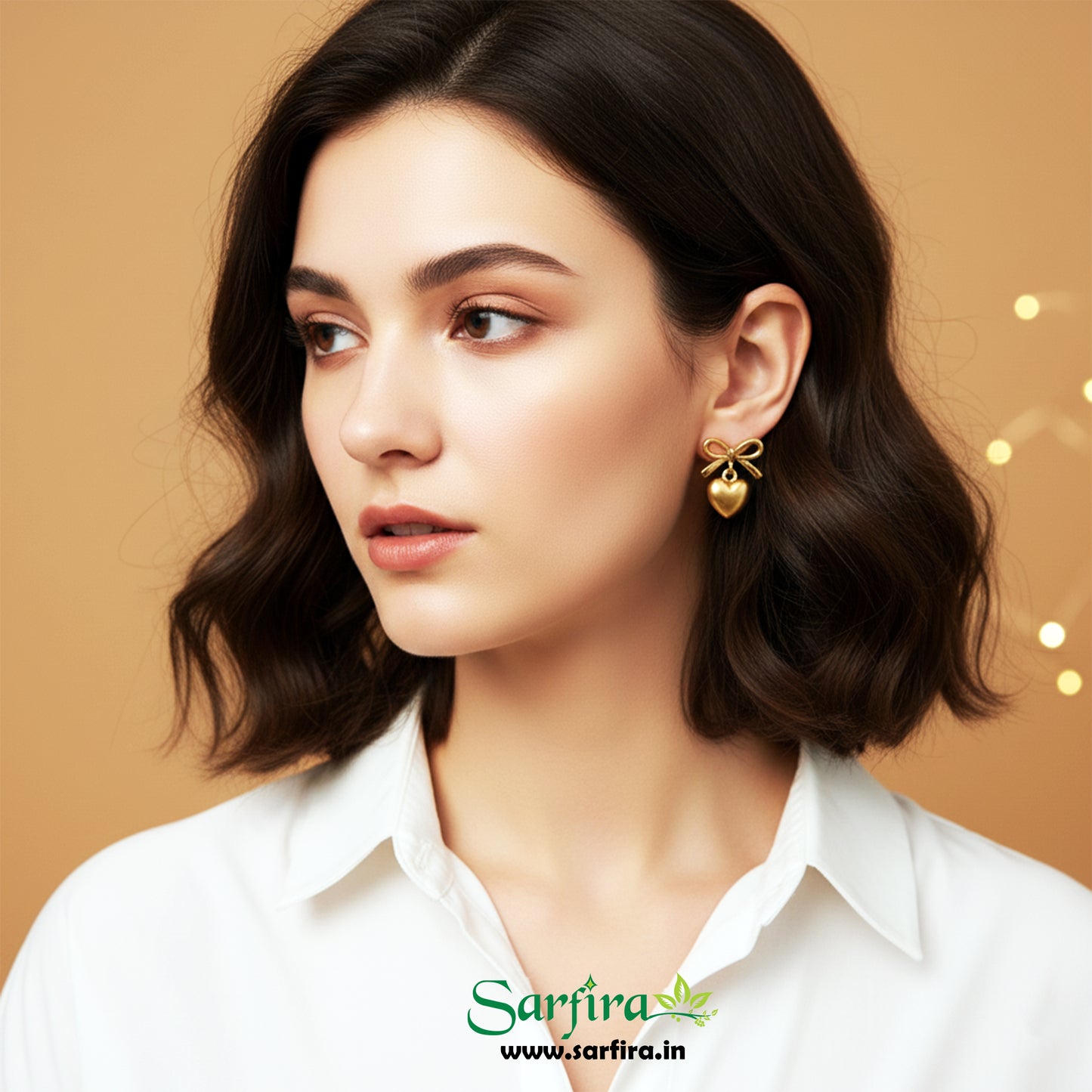 Gold Bow Tie Heart Drop Stud Earrings