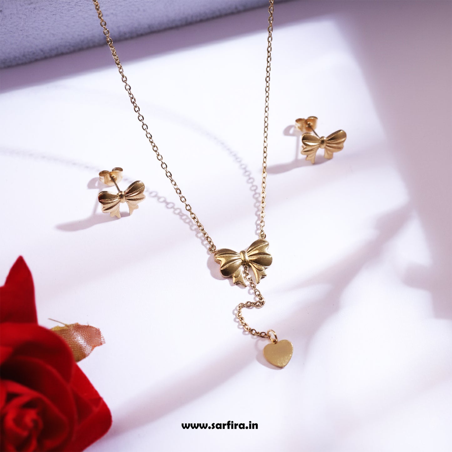 Gold Bow Tie Lariat Necklace & Stud Set