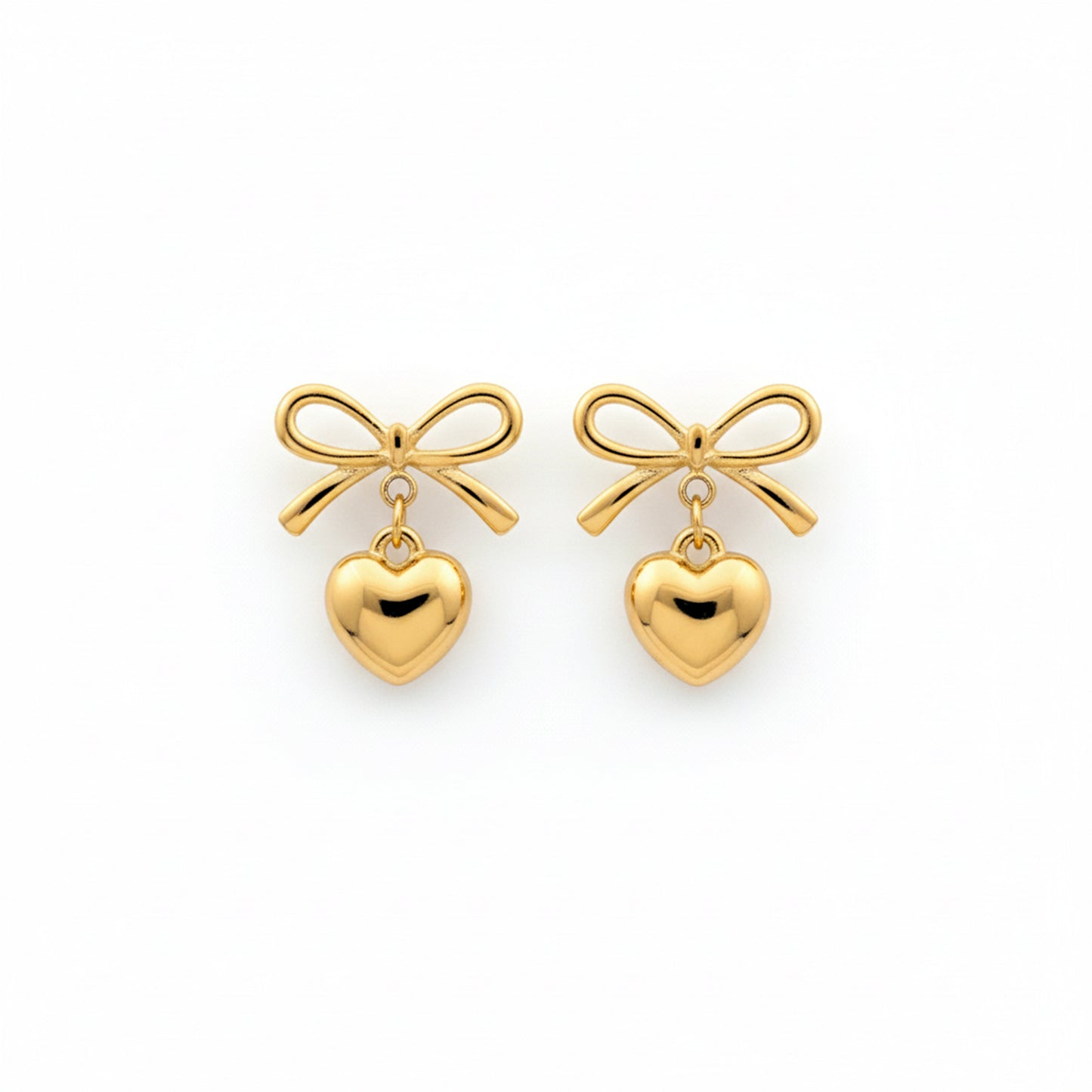 Gold Bow Tie Heart Drop Stud Earrings