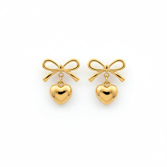 Gold Bow Tie Heart Drop Stud Earrings