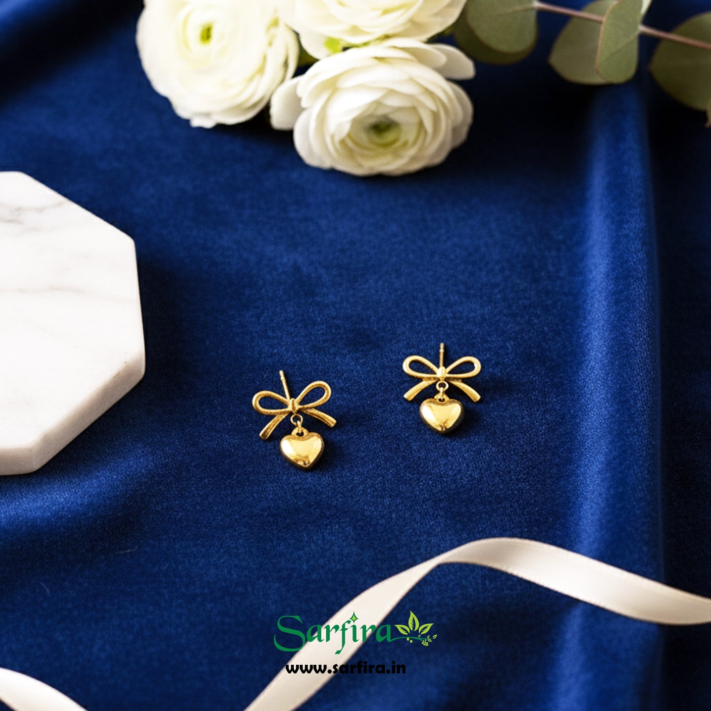 Gold Bow Tie Heart Drop Stud Earrings