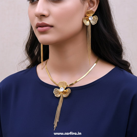 Anti-Tarnish Gold Flower Tassel Necklace & Earring Set