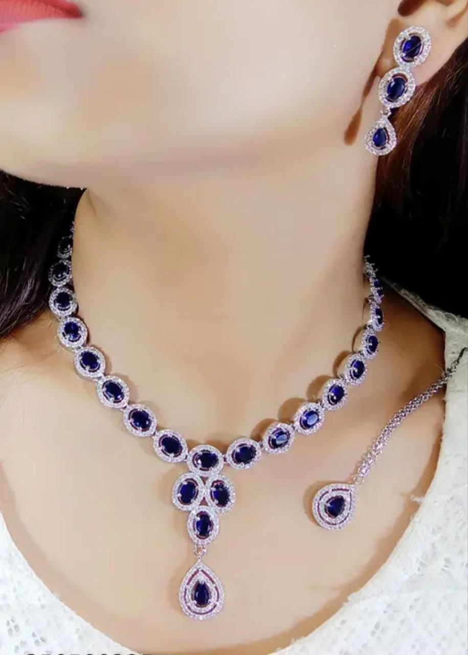 Royal Blue Stone Necklace Earrings Set | Elegant Bridal & Party Jewelry