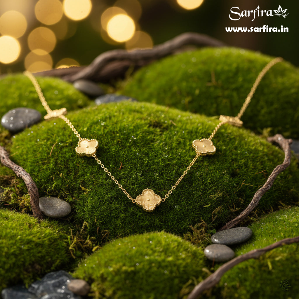 Anti-Tarnish Gold Clover Station Chain Necklace