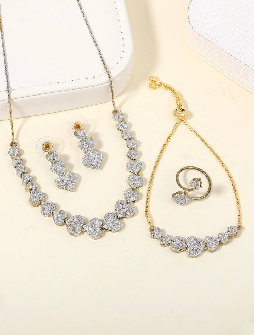 Luxury Heart Shape Jewelry Set – Silver & Gold Tone Necklace, Bracelet, Earrings & Ring
