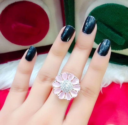 Flower Shape Light Green & Light Pink Stone Finger Ring with Diamond Center