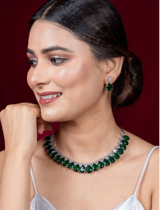 Green Stone AD Tear Drop Necklace