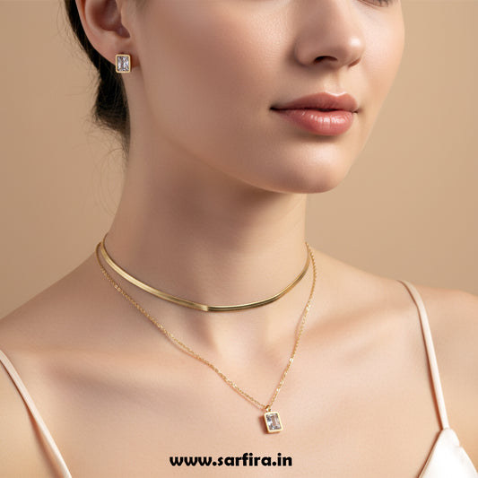 Anti-Tarnish Gold Dual-Layer Necklace & Square Stud Set