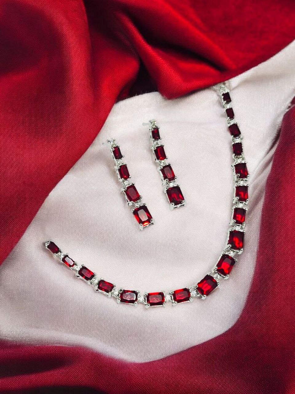 Luxury Red Rectangle Stone Necklace & Earring Set – Bridal & Party Jewelry