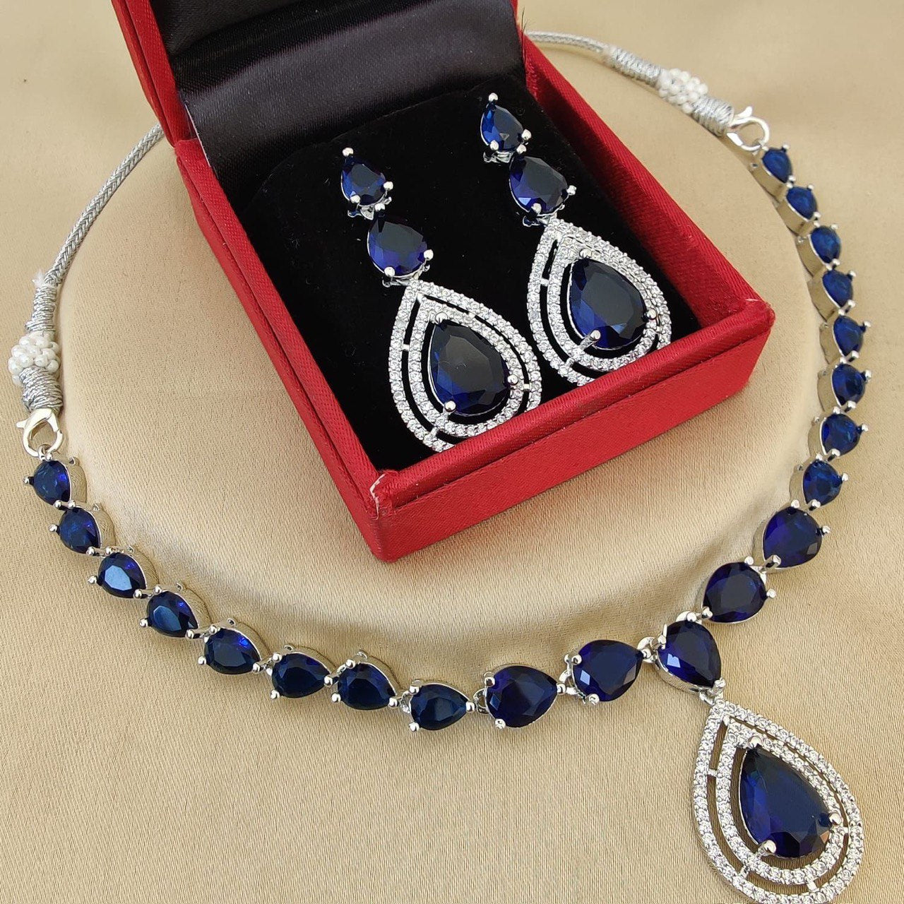 Blue Stone Bridal Necklace Set with Earrings – Elegant Wedding & Party Jewelry