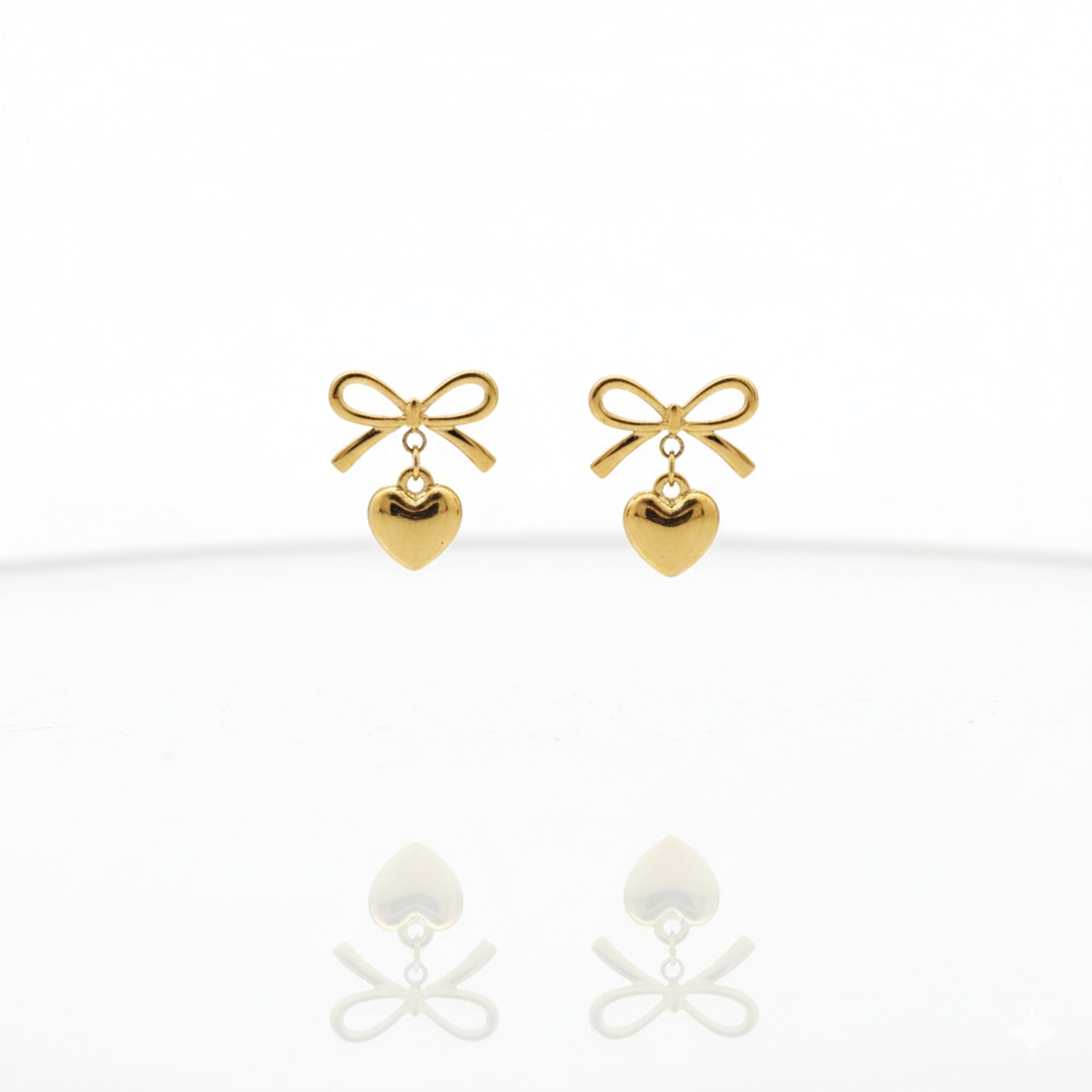 Gold Bow Tie Heart Drop Stud Earrings
