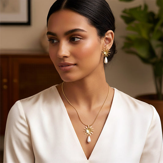 Anti-Tarnish Gold Starburst Pendant & Pearl Drop Set