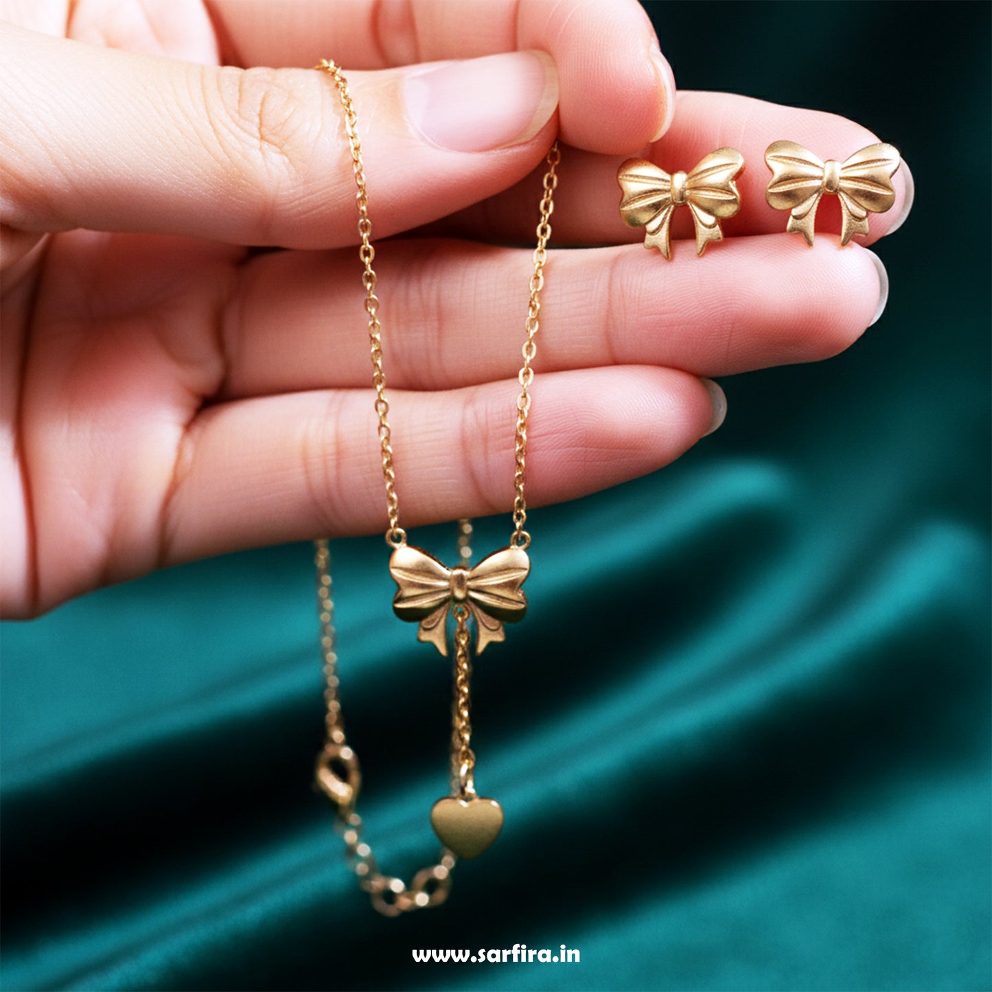 Gold Bow Tie Lariat Necklace & Stud Set