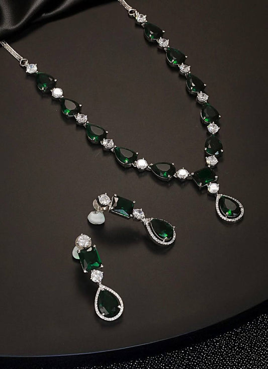 American Diamond Big Drop Wedding Necklace (Green)