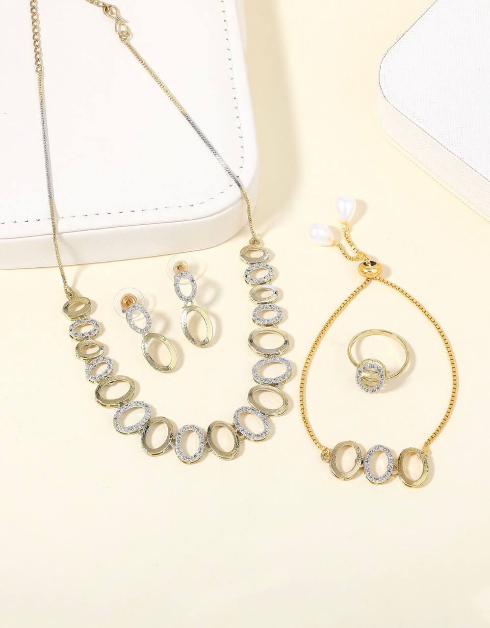 Elegant Oval Link Jewelry Set – Gold & Silver Tone Necklace, Bracelet, Earrings & Ring