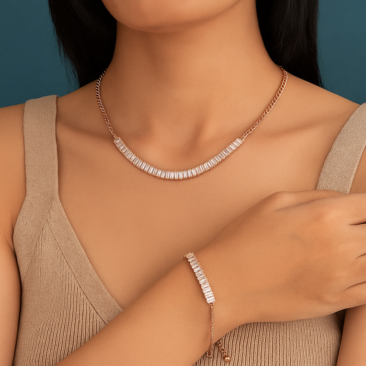 Rose Gold Necklace Set with Bracelet & Earrings