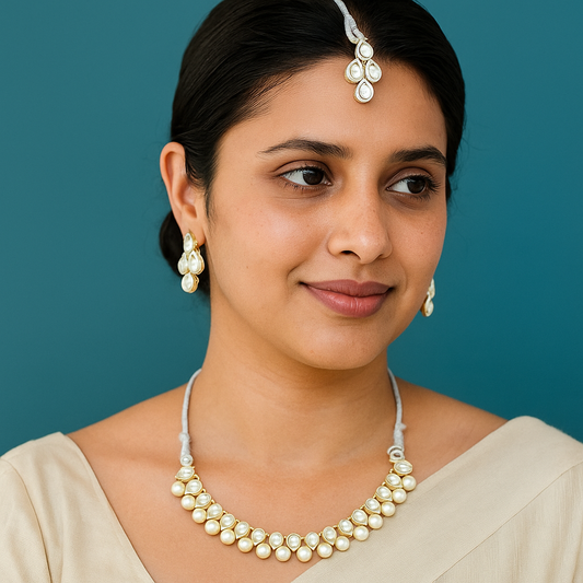 Traditional Pearl & Kundan Necklace Set with Earrings