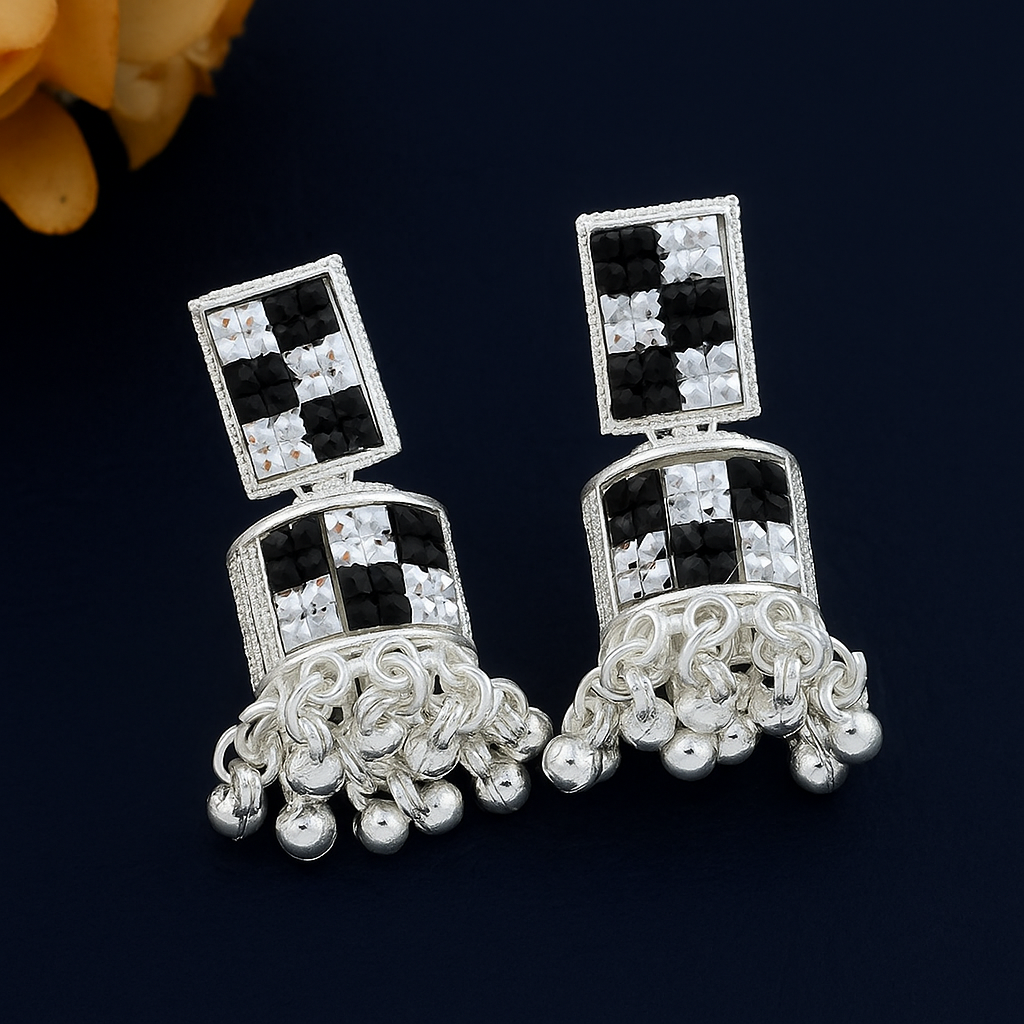 Black Silver Jhumka Earrings