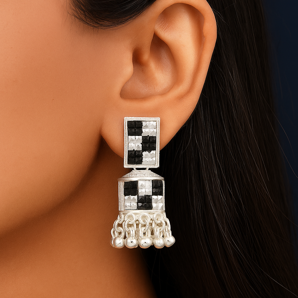 Black Silver Jhumka Earrings