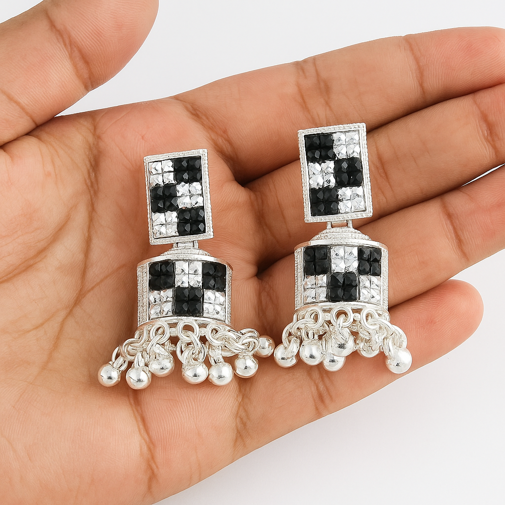 Black Silver Jhumka Earrings