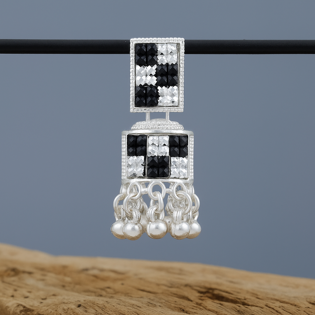 Black Silver Jhumka Earrings