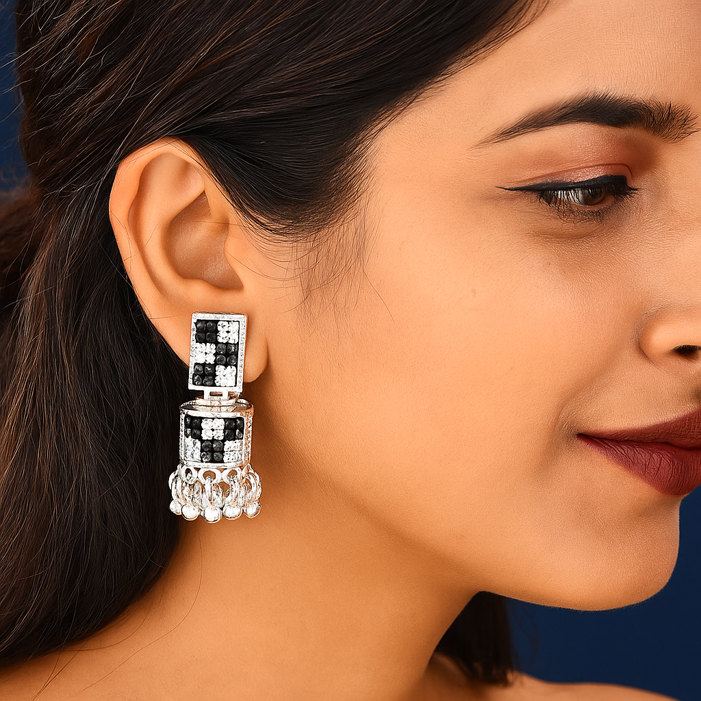 Black Silver Jhumka Earrings
