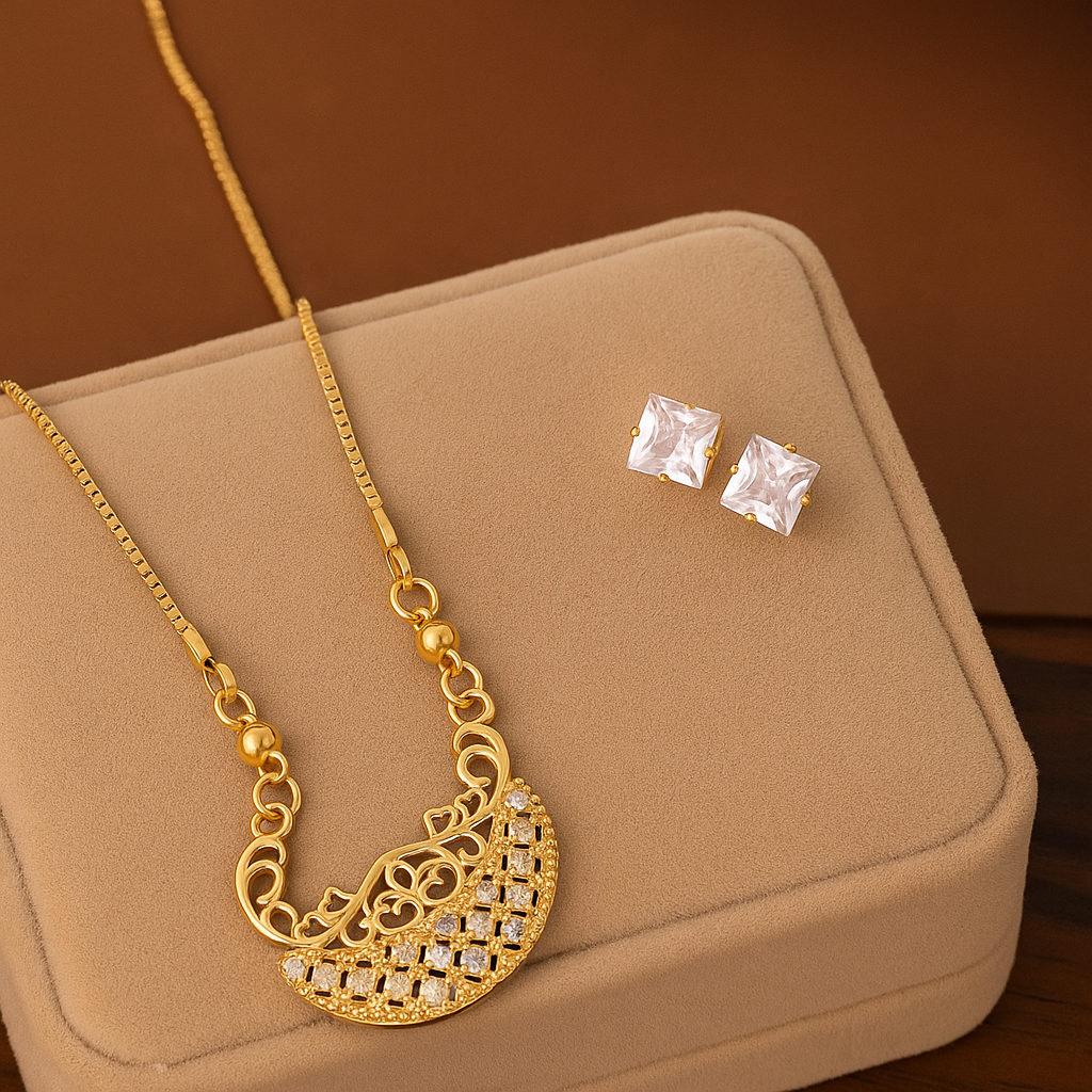 Half Moon Filigree Crystal Chain Pendant