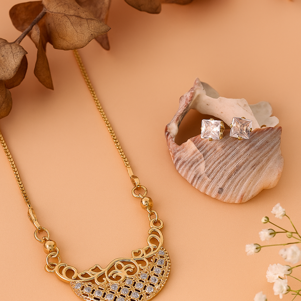 Half Moon Filigree Crystal Chain Pendant
