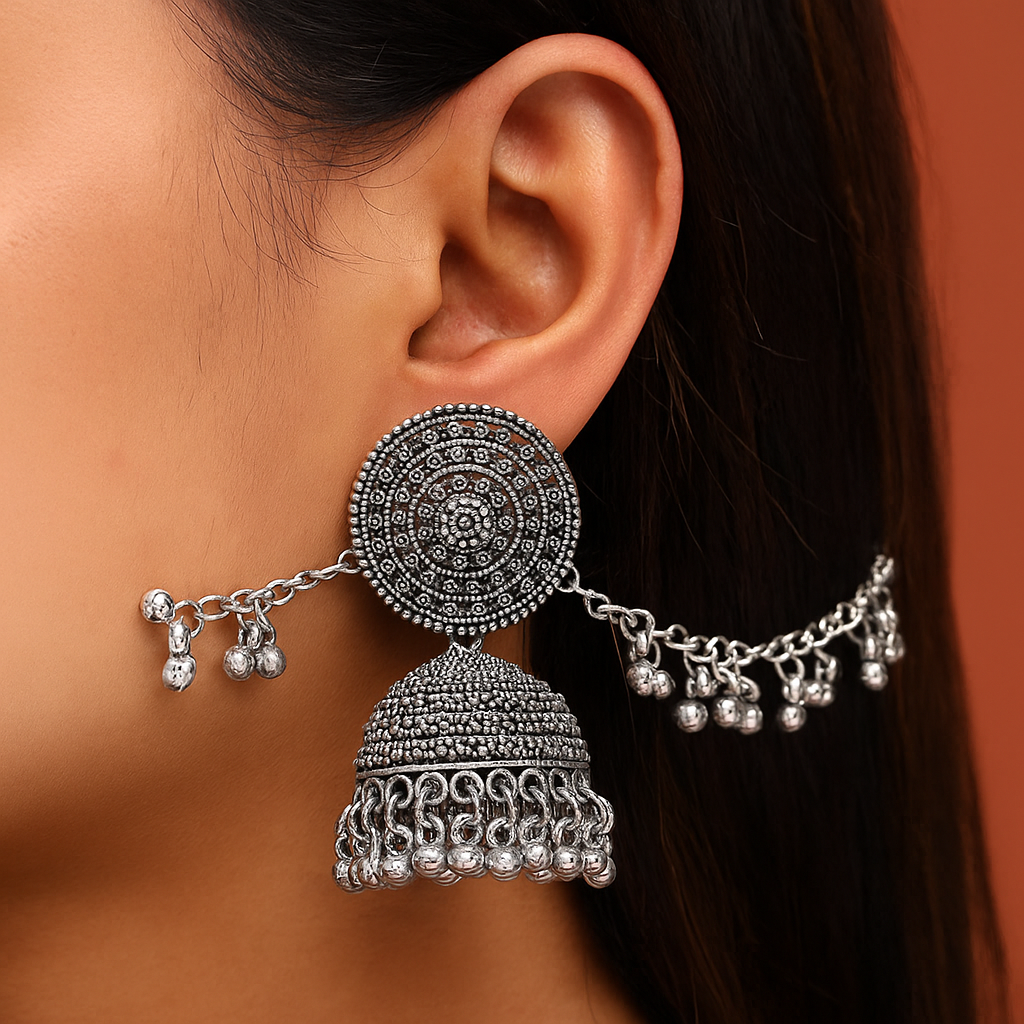 Antique Silver Oxidized Jhumka Earrings