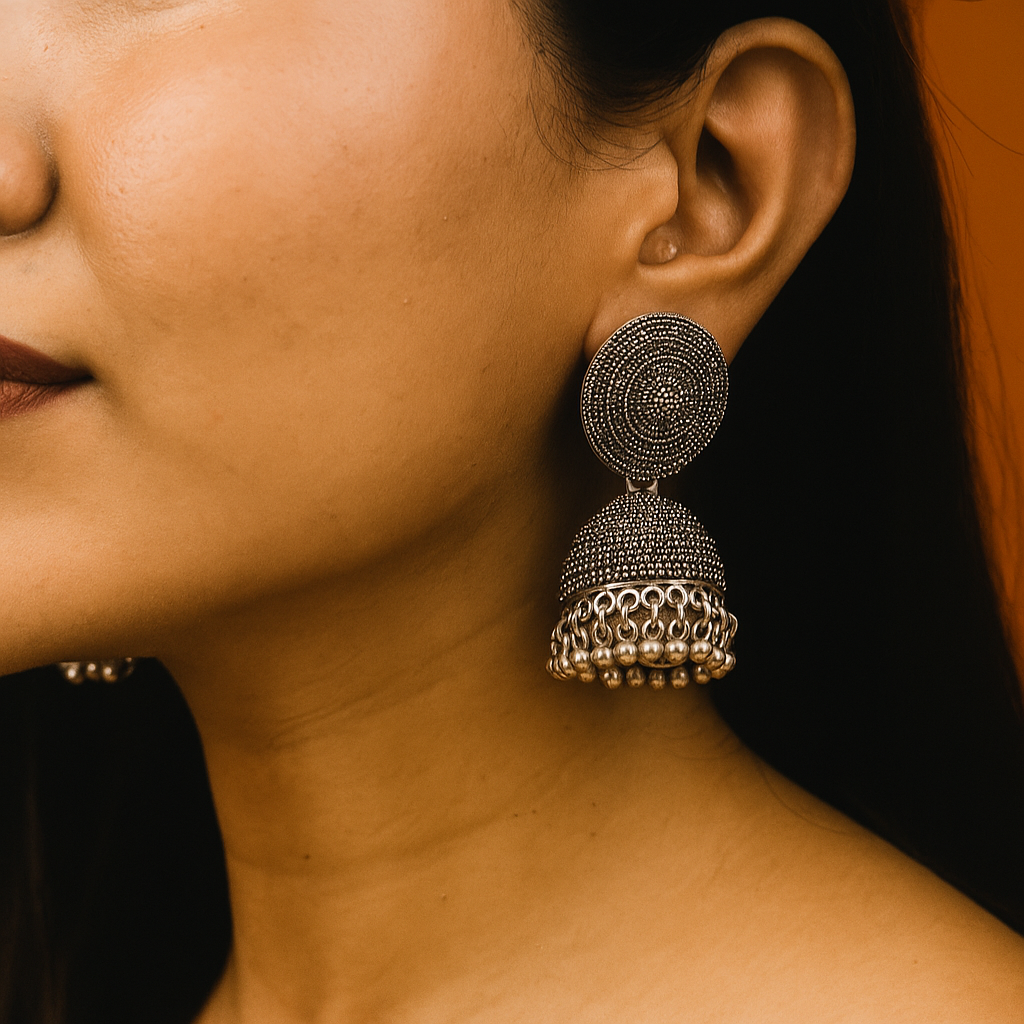 Antique Silver Oxidized Jhumka Earrings