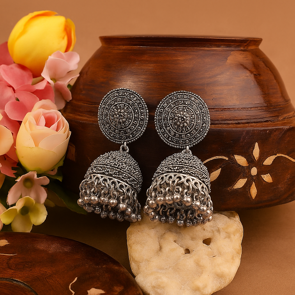 Antique Silver Oxidized Jhumka Earrings
