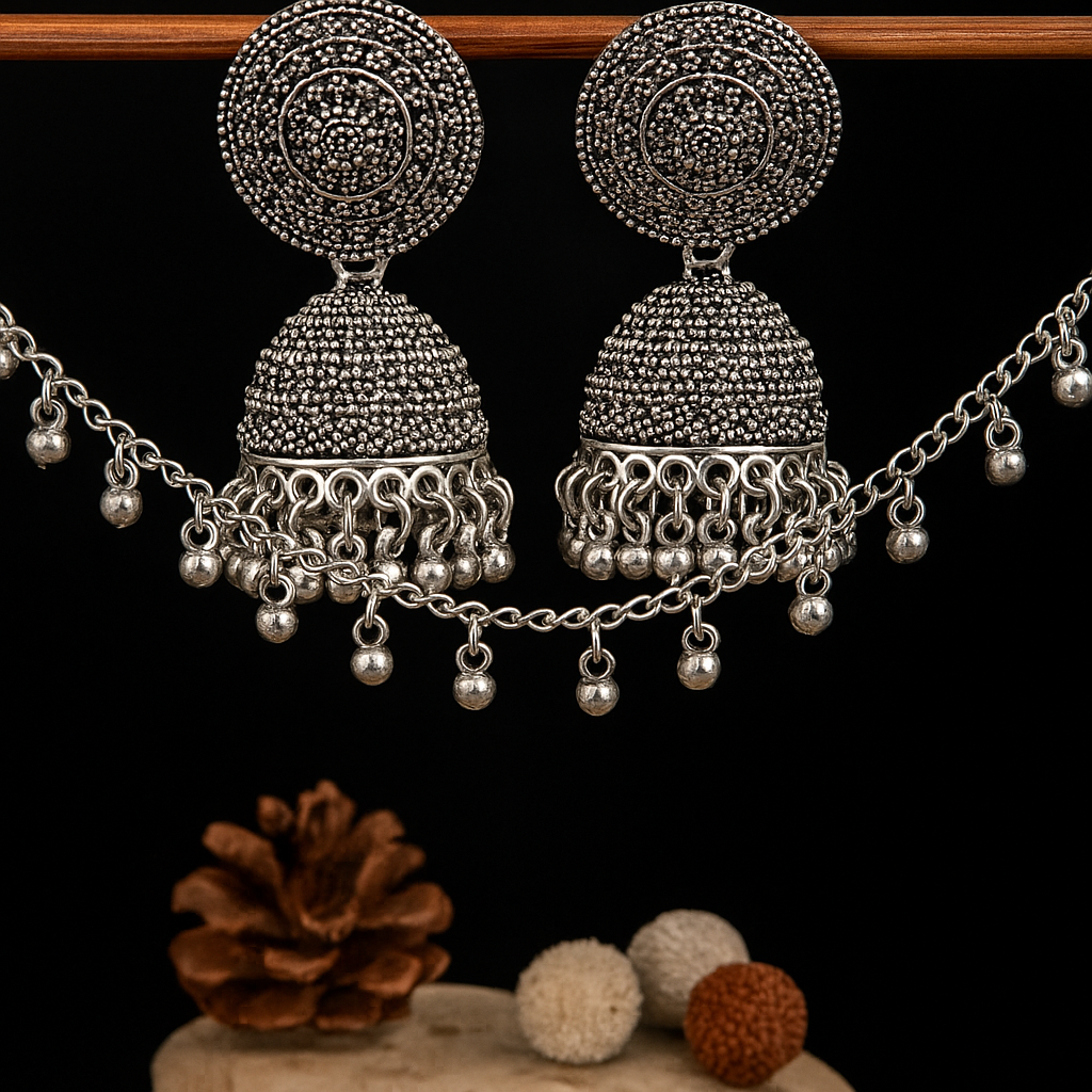 Antique Silver Oxidized Jhumka Earrings