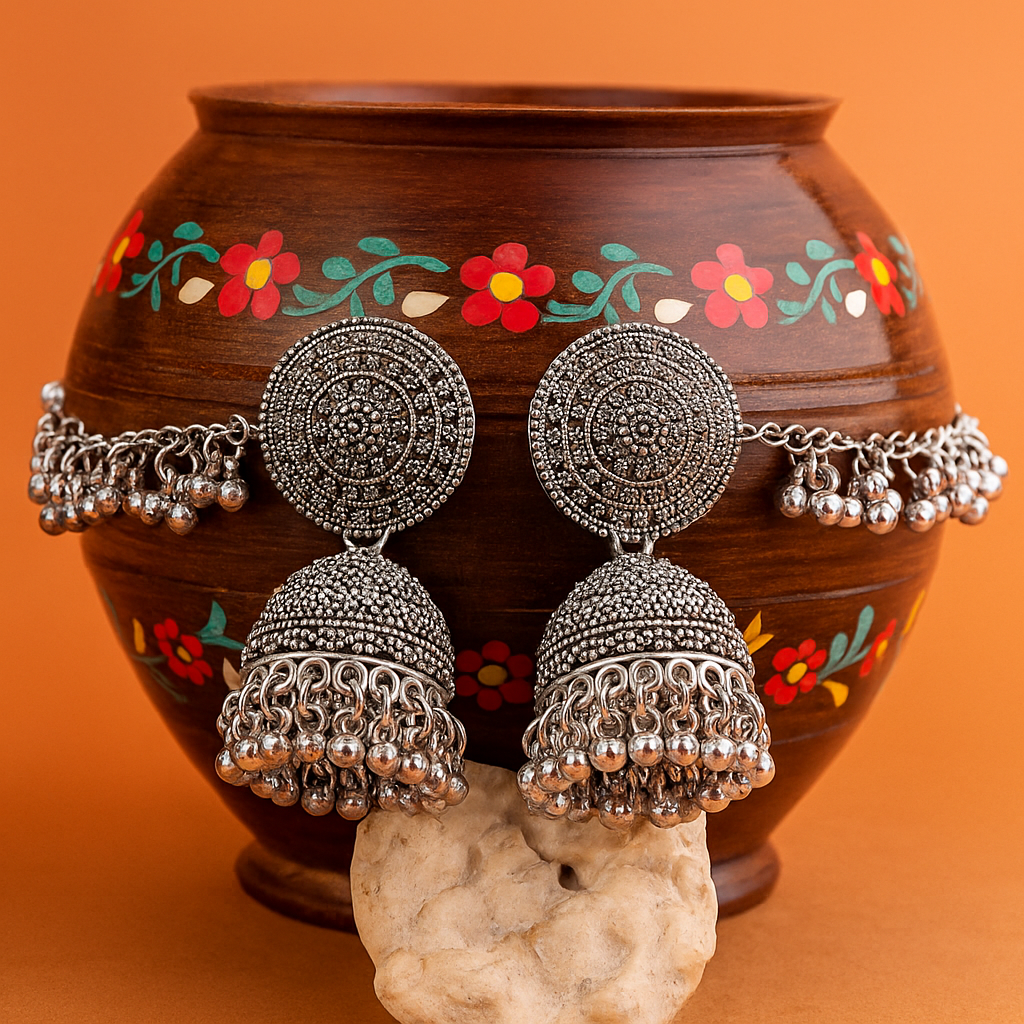Antique Silver Oxidized Jhumka Earrings