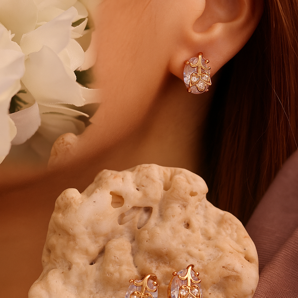 White Stone Leaf Design Stud Earrings