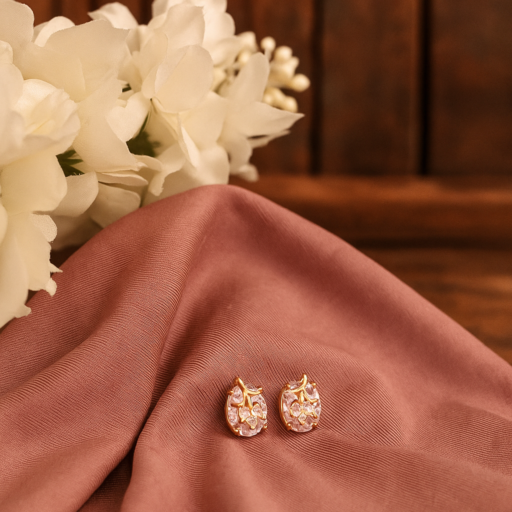White Stone Leaf Design Stud Earrings