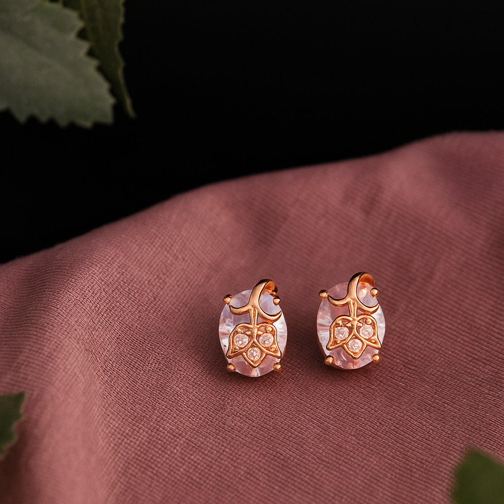 White Stone Leaf Design Stud Earrings