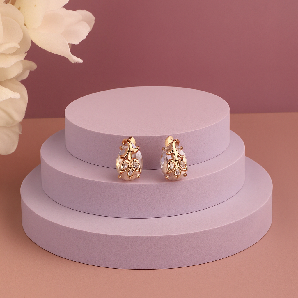 White Stone Leaf Design Stud Earrings