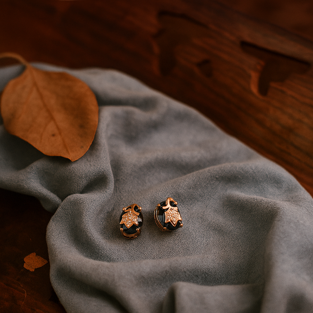 Stylish Black Stone Leaf Design Stud Earrings