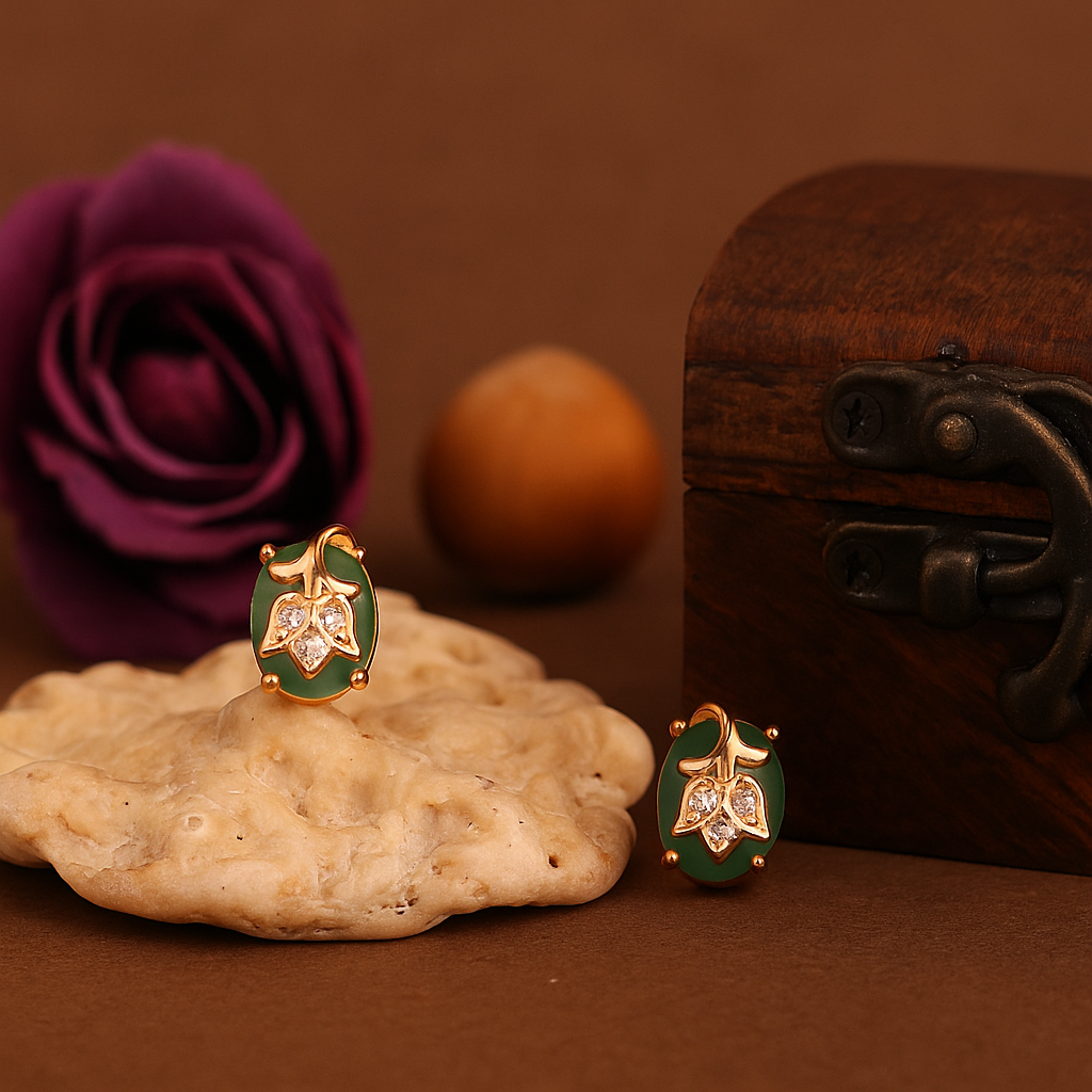 Elegant Green Stone Leaf Design Stud Earrings