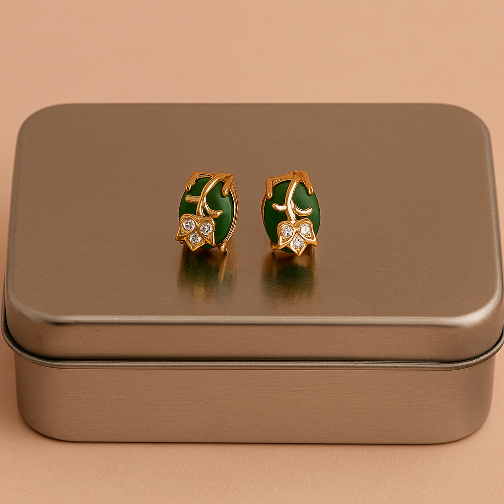 Elegant Green Stone Leaf Design Stud Earrings