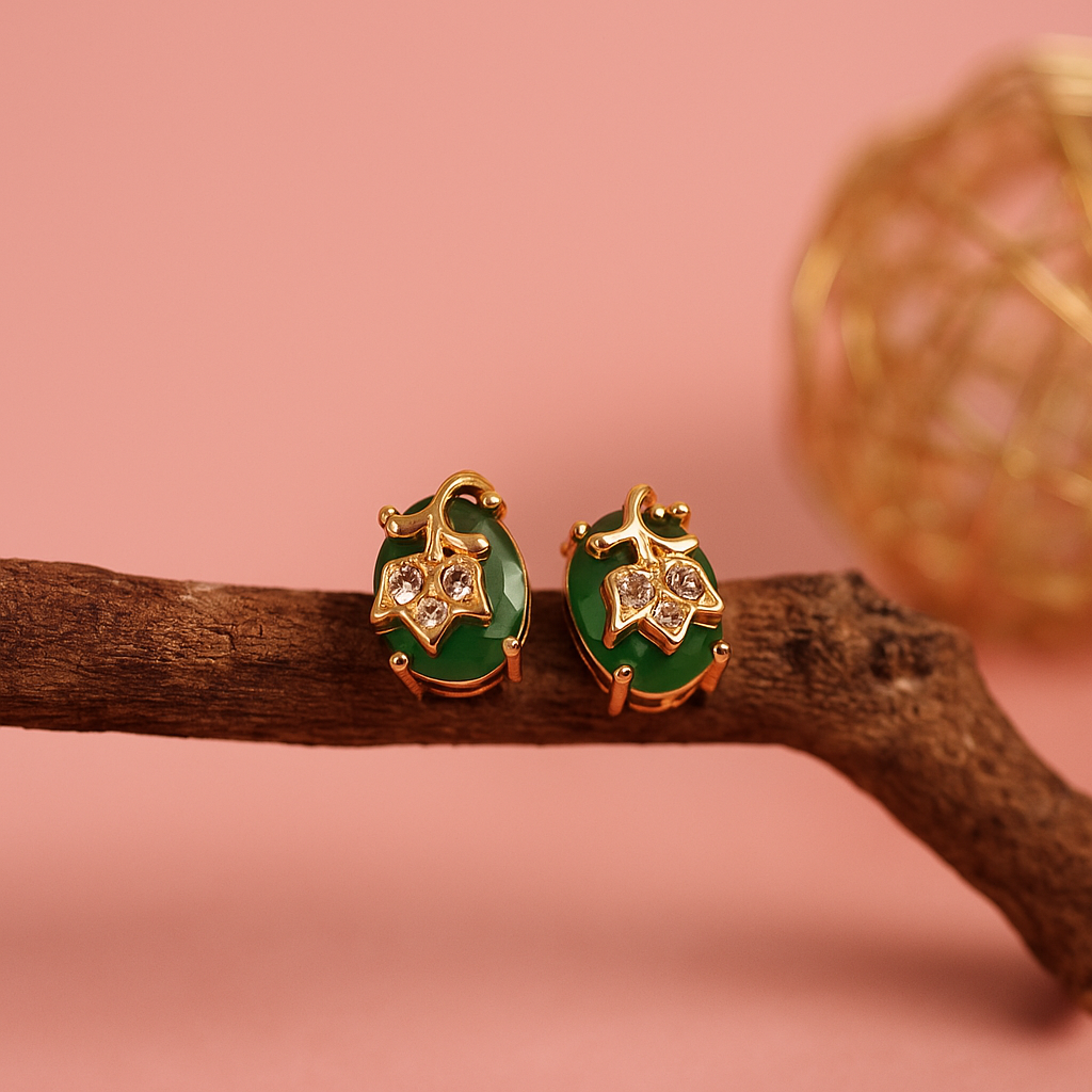 Elegant Green Stone Leaf Design Stud Earrings